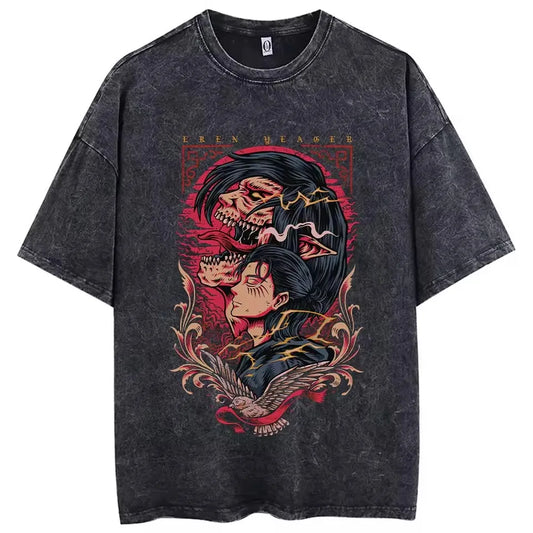 Attack on Titan Vintage Washed T-Shirt – High-Quality Cotton Anime Streetwear for Men